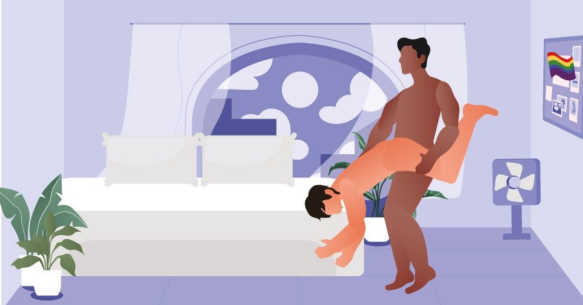 Two men trying gay sex positions, specifically the Diver position. 