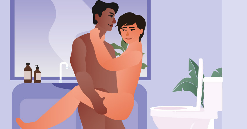 A gay couple having sex in the bathroom. 