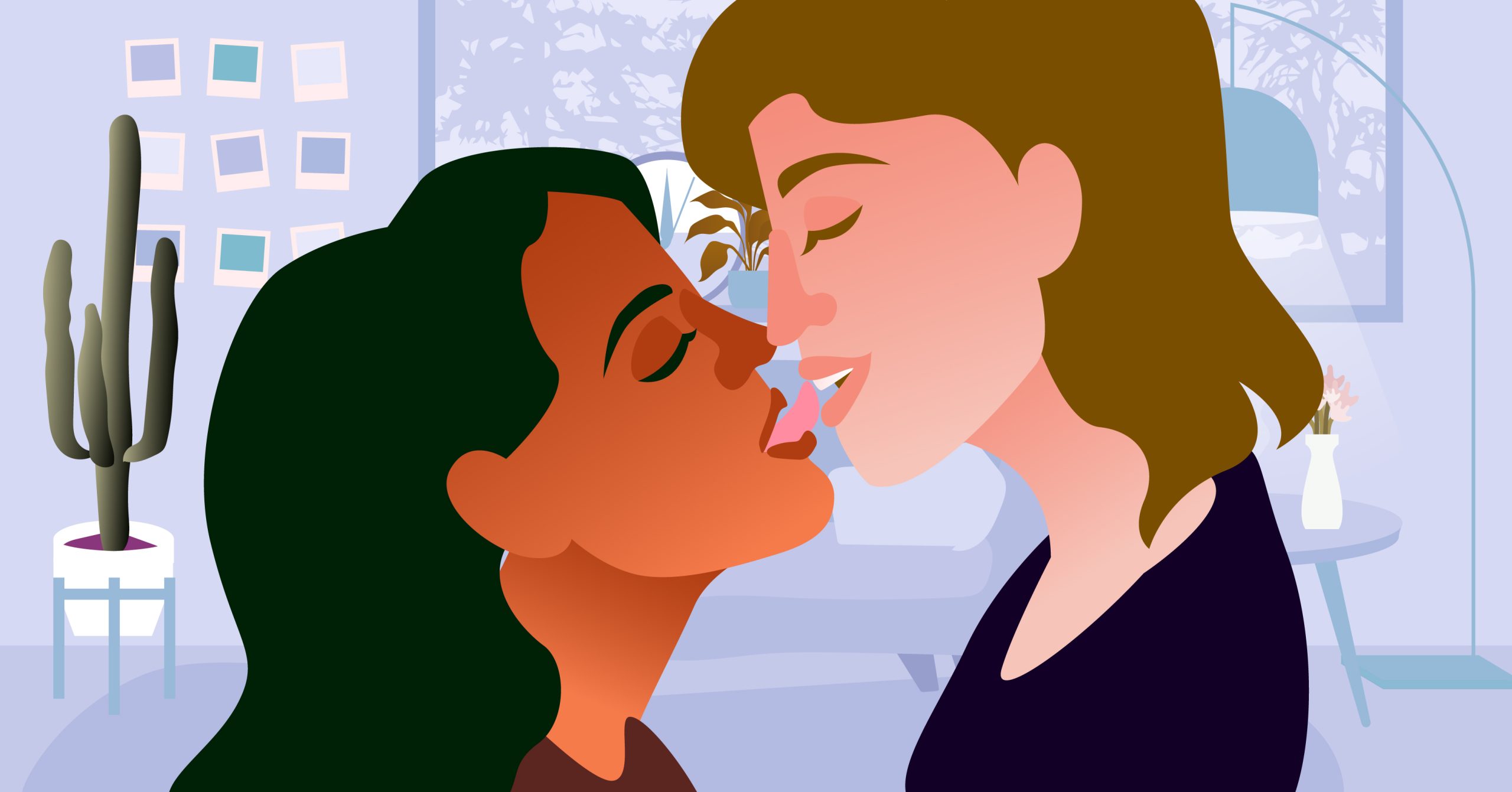 Two women sharing a torrid kiss. 