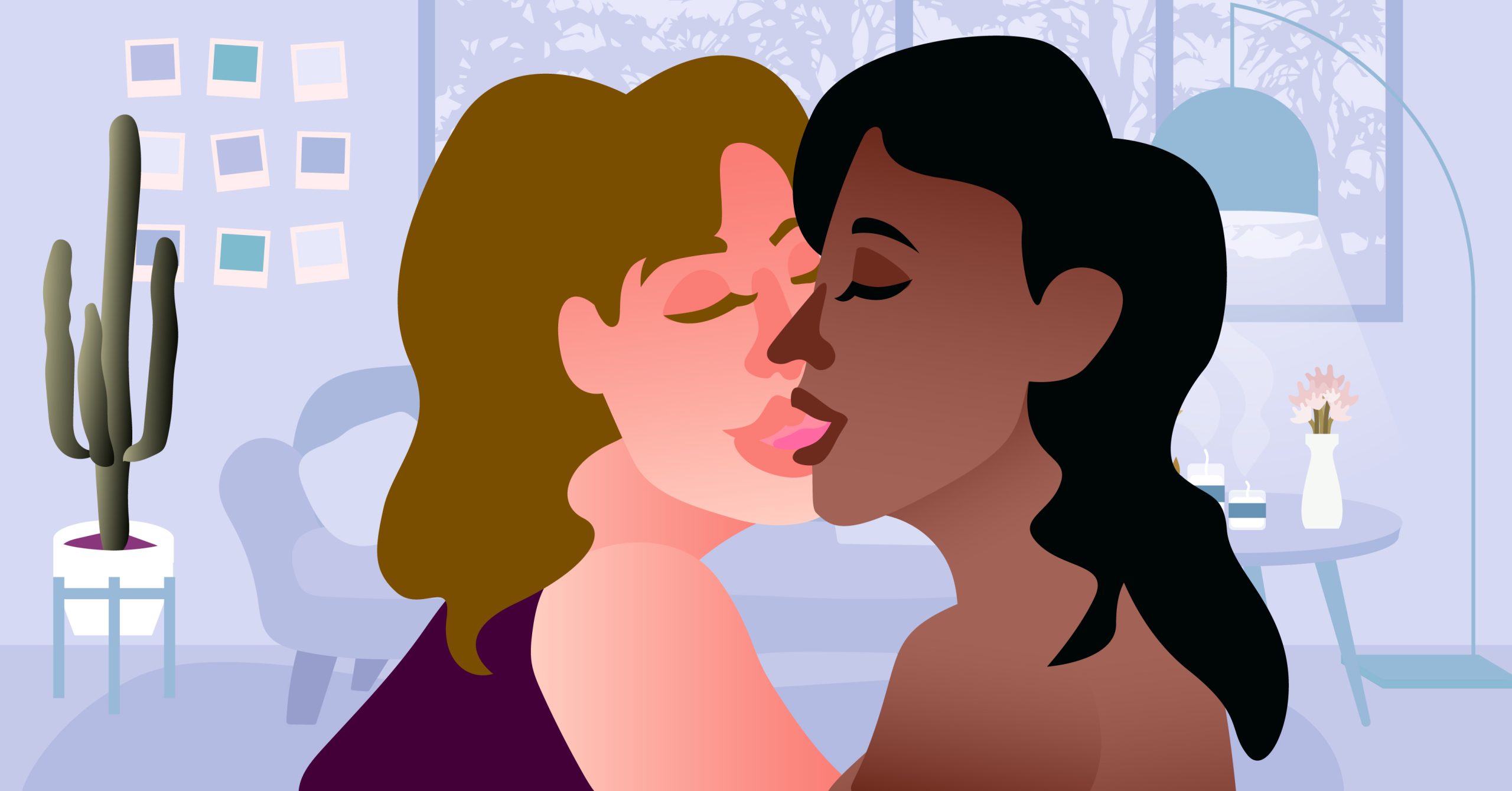 Lesbian couple sharing a torrid kiss. 