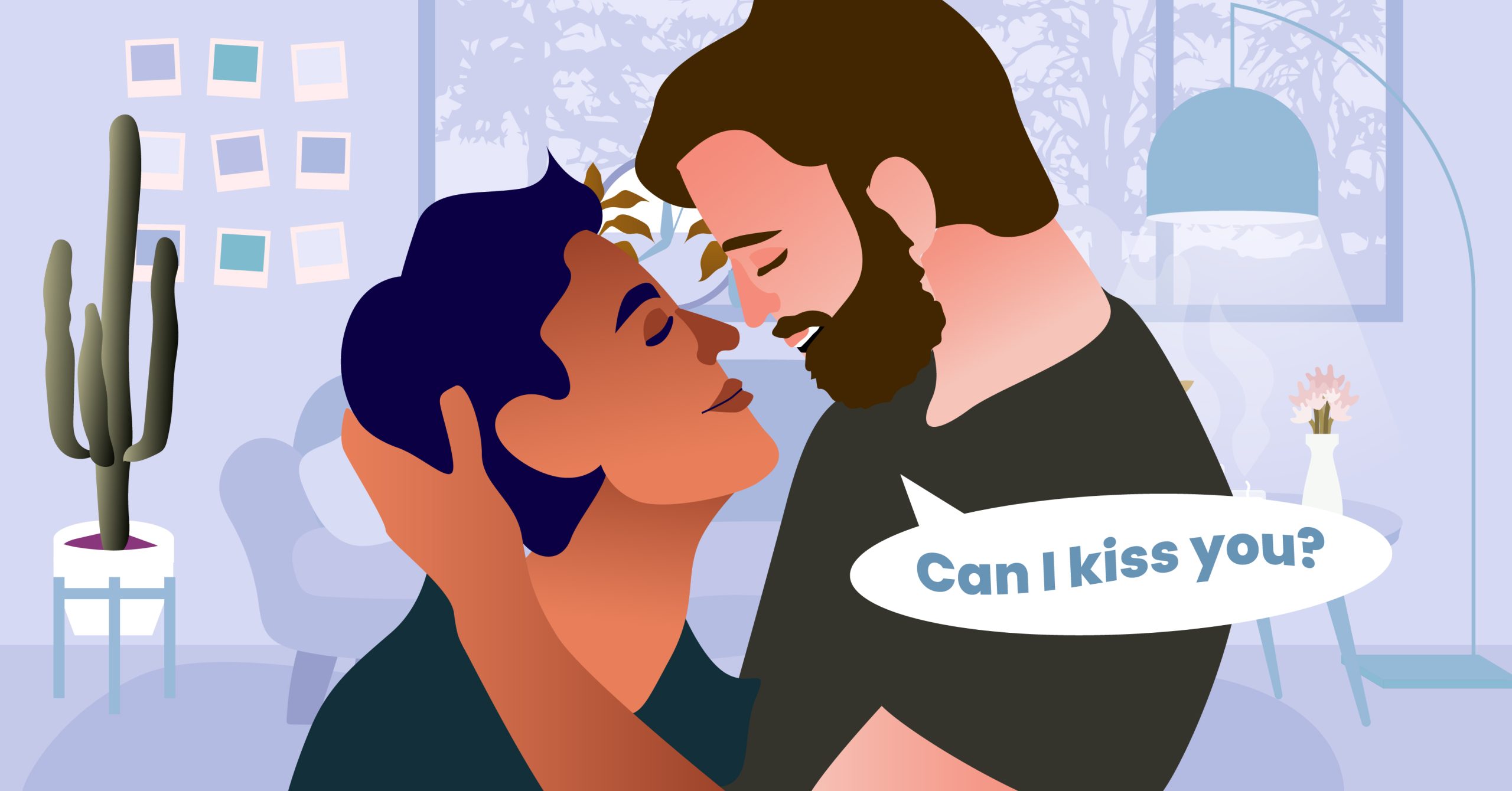 A gay man asking his partner for a kiss. 