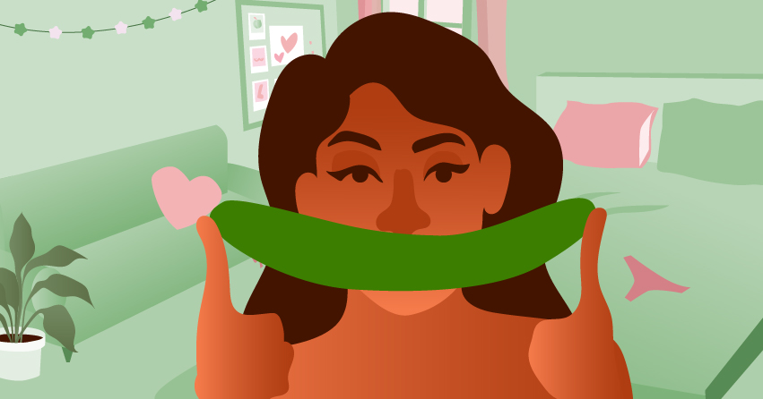 A woman holding a cucumber with her index fingers. 