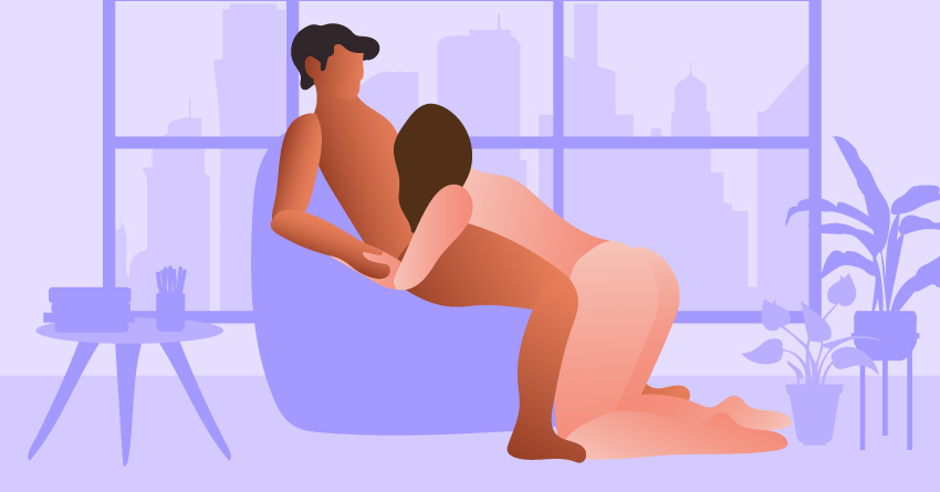 A heterosexual couple trying blowjob positions, specifically Boss Chair position. 