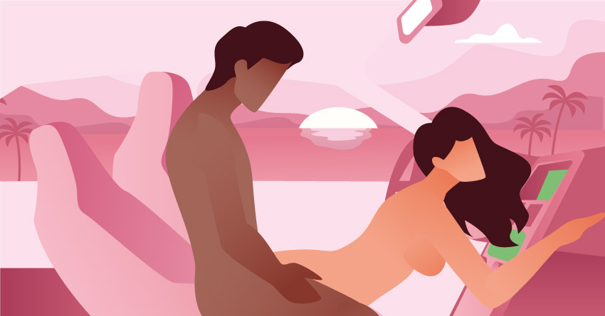 A couple having car sex in a "Backseat Treat" position. 