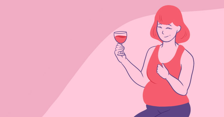 A pregnant woman holding a glass of red wine. 