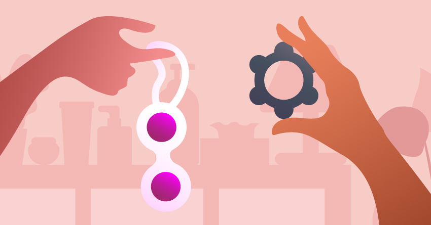 A hand holding a kegel ball and another hand holding a penis ring. 