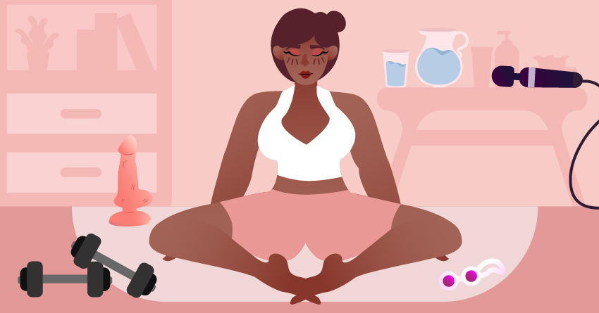 A woman meditating while there are different sex toys around her. 