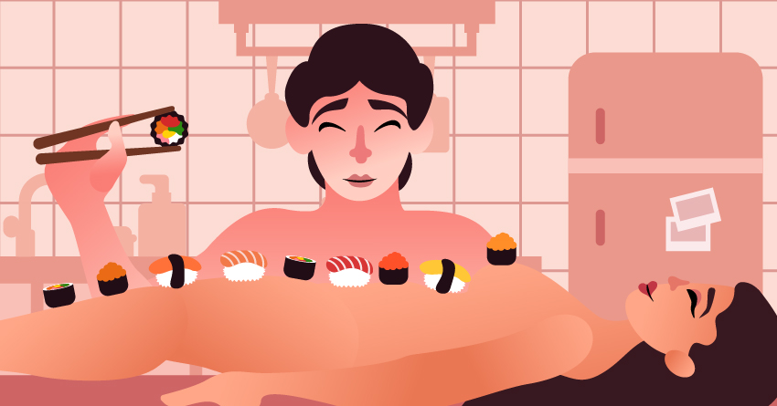 A woman being used as sushi plate during a food sex session. 