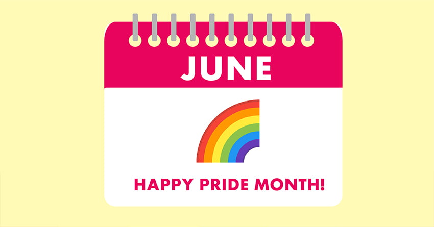 A calendar with a "happy pride month" text into it. 