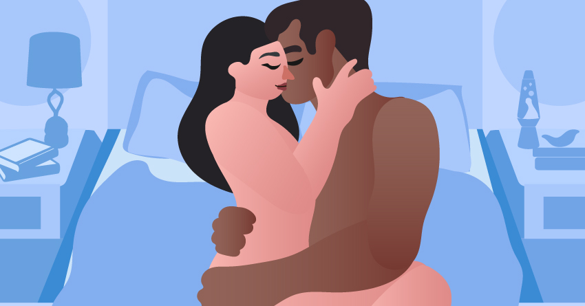 A naked couple kissing. 
