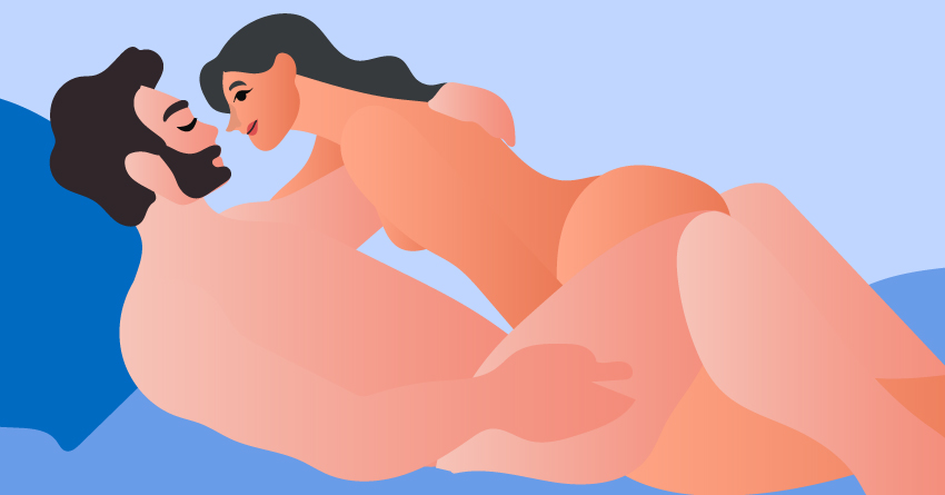 A naked couple engaging in sex. 