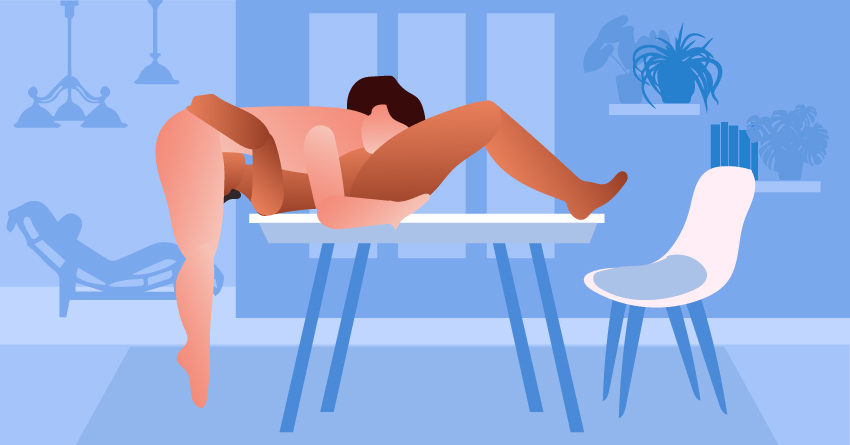 A couple giving each other oral sex in the kitchen. 