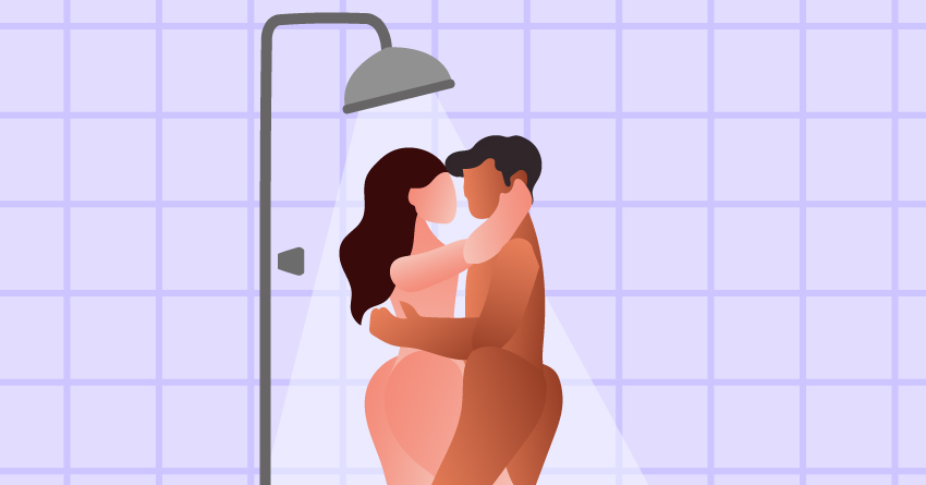 A couple having standing sex in the shower.