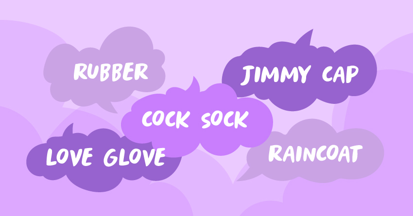 An illustration of different speech bubbles that pertain to slang terms of condoms. 