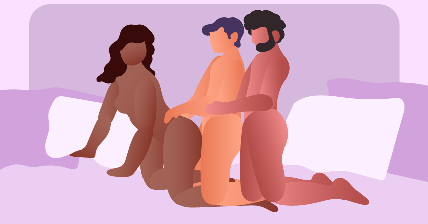 A trio having threesome sex, using the Love Chain position. 