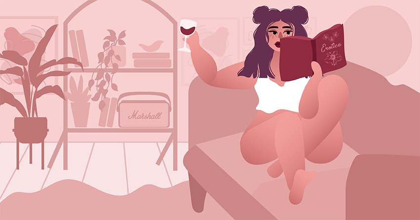 A woman drinking wine and reading erotica. 