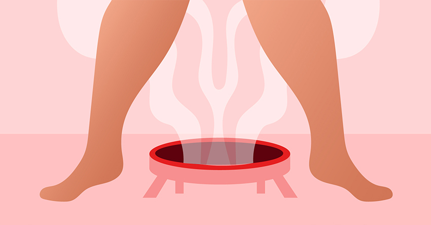 A person attempting vaginal steaming. 