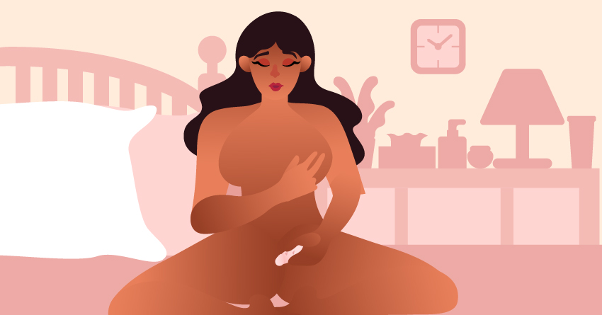 A woman rubbing a dildo into her clitoris and touching her breast. 