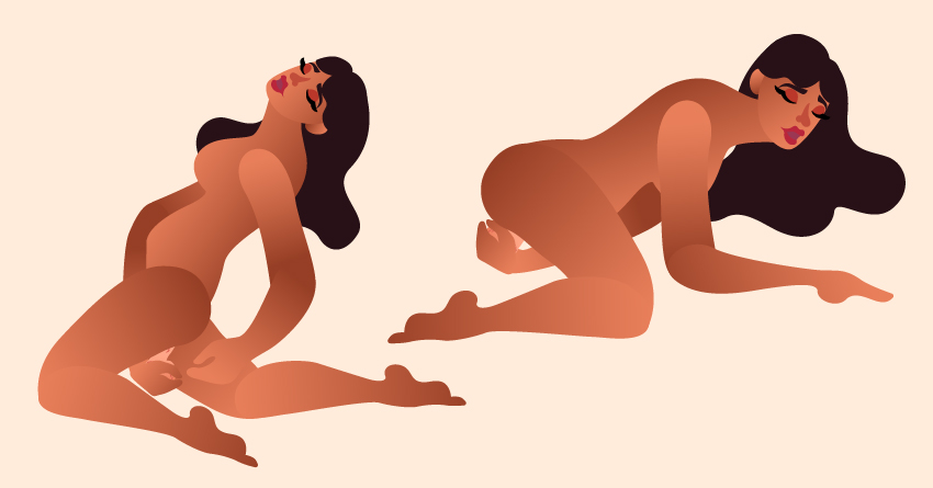 A woman playing with a vibrating dildo. 
