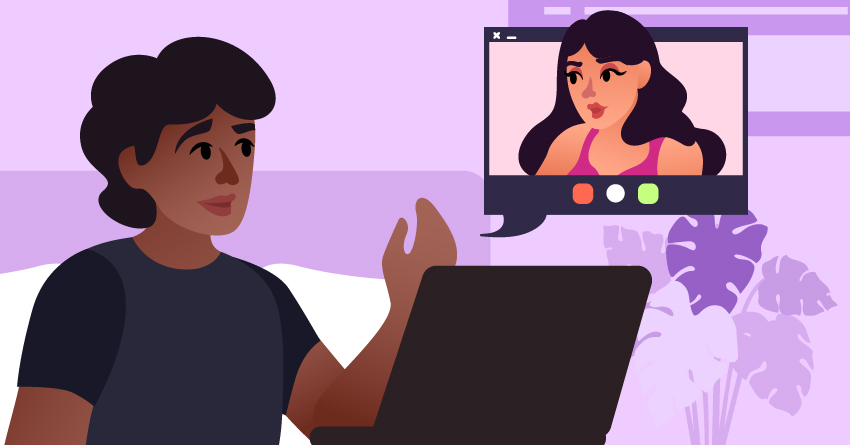 A woman having a serious talk through video call. 