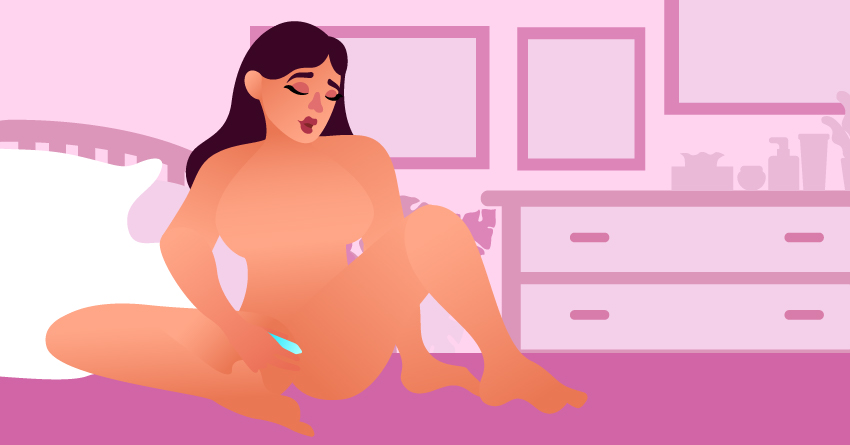 A naked woman using a mini vibrator in her bedroom. 