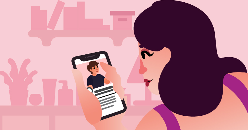 A woman browsing a dating app in her smartphone. 