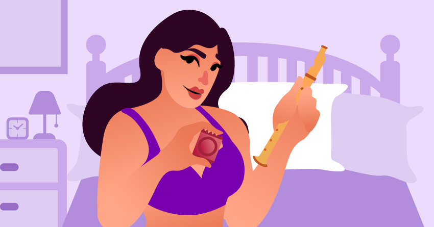 A woman holding a flute and condom. 