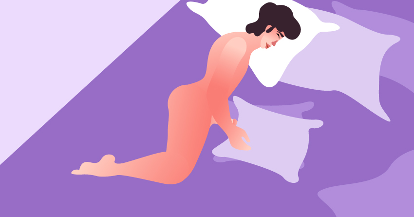 A naked man masturbating with a pillow. 