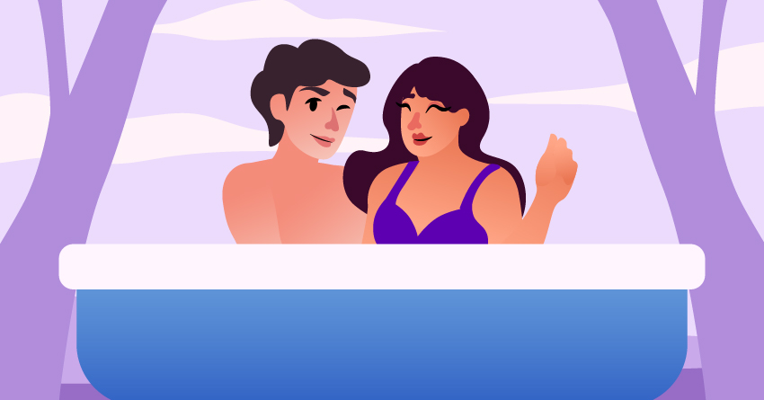 A couple cuddling in an inflatable pool.