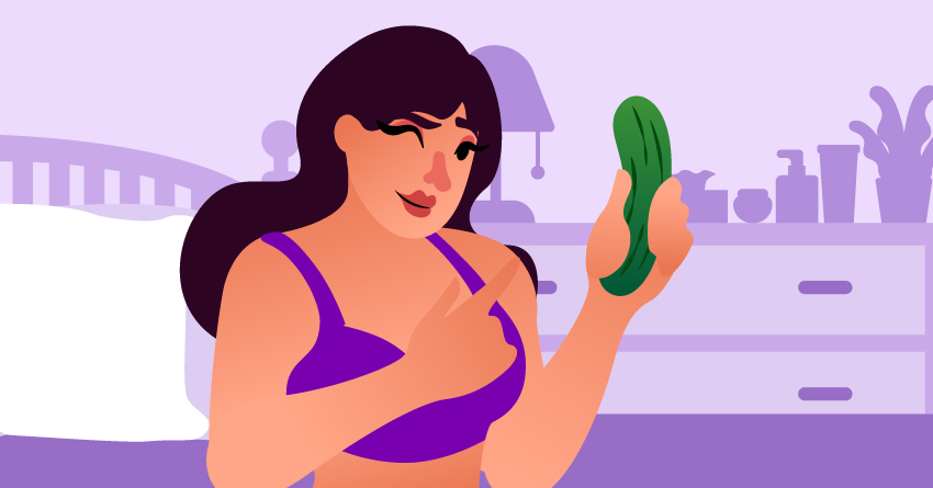 A woman in her underwear holding a cucumber. 