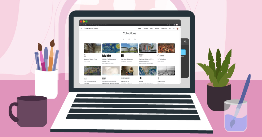 A laptop showing a website that offers a virtual museum tour.
