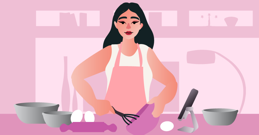 A woman baking while in a video call with her boyfriend. 