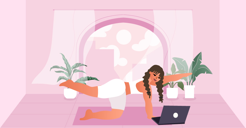 A woman doing yoga while in a video call with her boyfriend. 