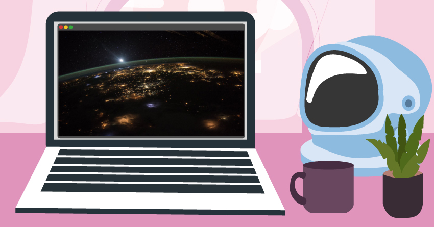 A laptop showing a virtual galaxy tour, courtesy of NASA. 
