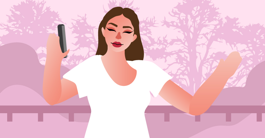 A woman going to her favorite park while on a video call with her boyfriend. 