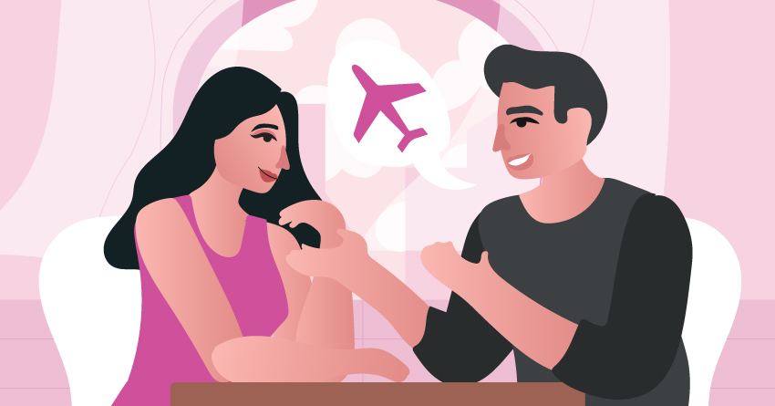 A couple planning a vacation. 