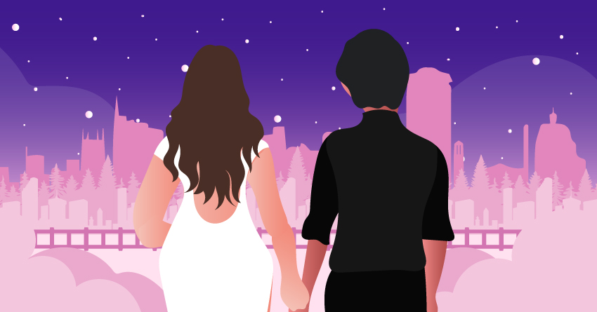A couple stargazing on a terrace. 