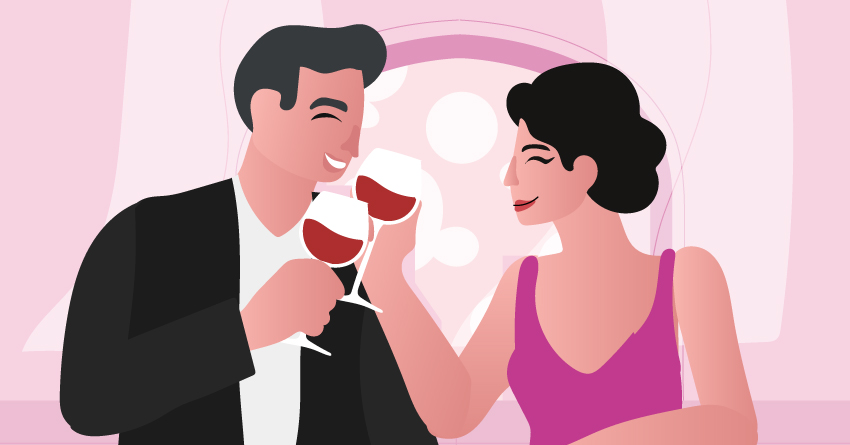 A couple having a fancy dinner at home. 