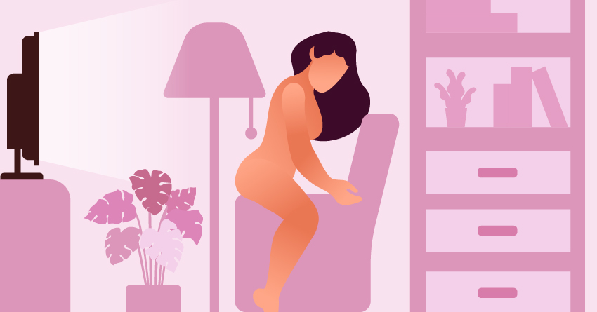 A woman masturbating in a "couch grind" position. 
