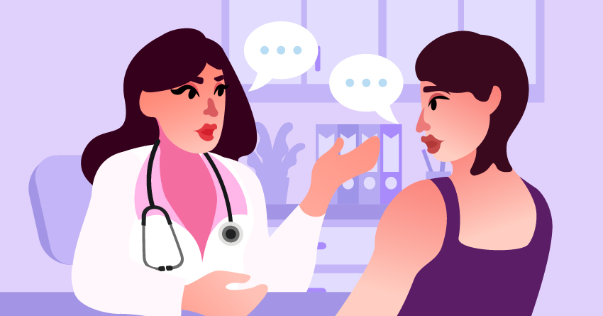 A transgender person talking to a medical professional about transitioning. 