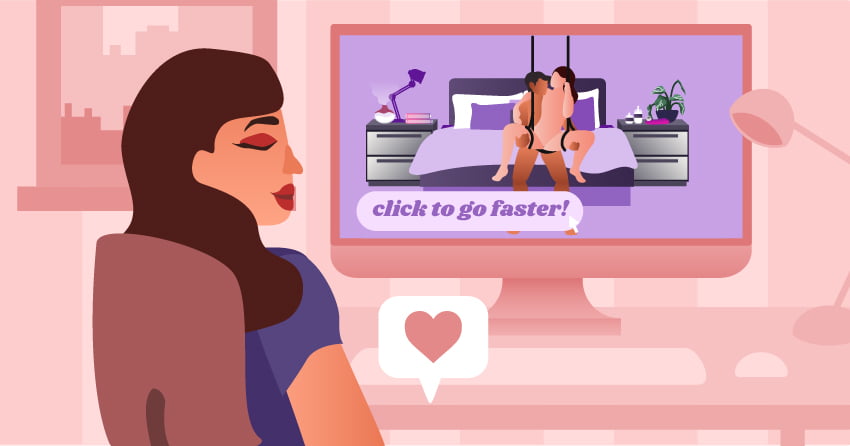 A woman masturbating while playing online sex games. 