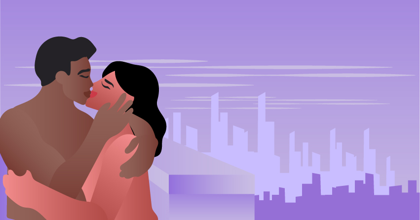 A couple making out in a penthouse. 