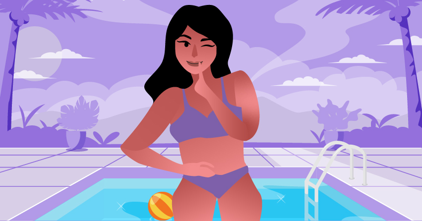 A woman wearing a bikini while in the public swimming pool. 