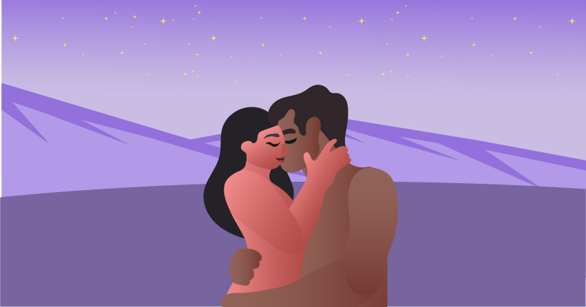 A couple having sex by the mountains. 