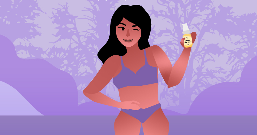 A woman in her underwear holding a bottle of lubricant. 