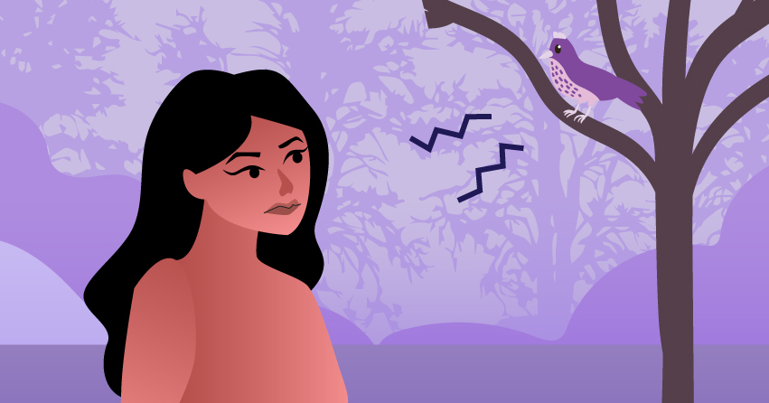 A naked woman looking at a chirping bird. 