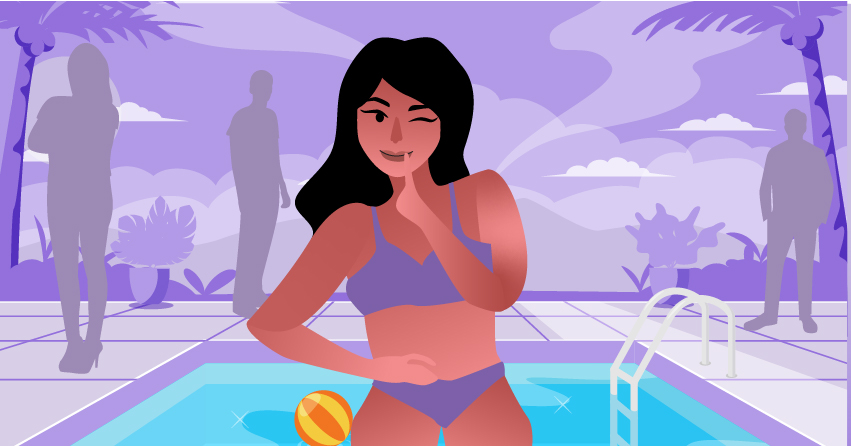 A woman in her bikini, winking while she's in a public swimming pool. 
