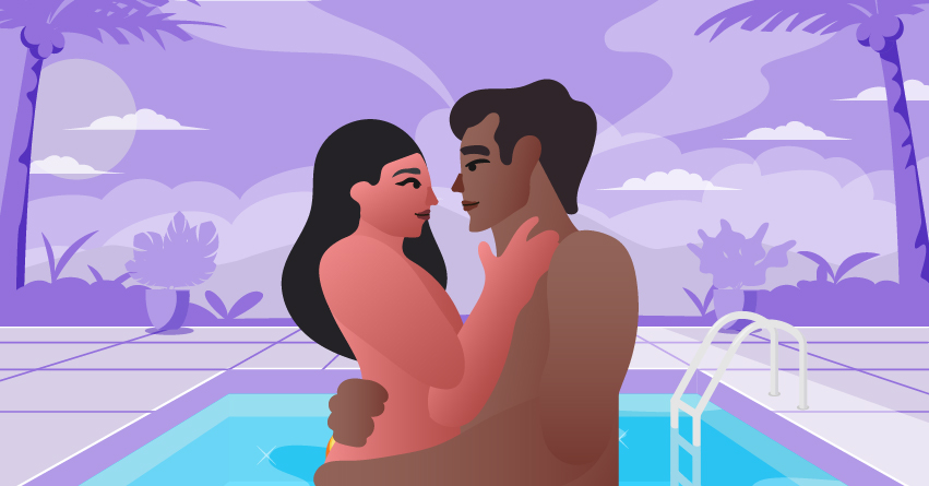 A couple having outdoor sex in the pool. 