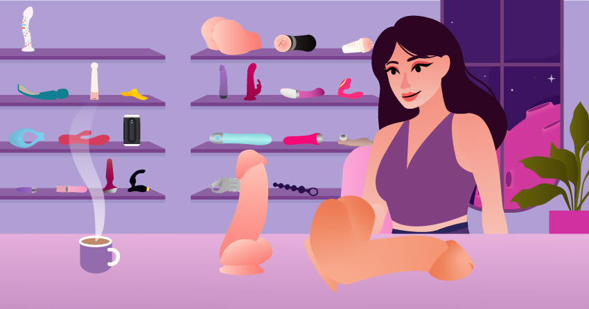 A woman looking at different dildos placed in the table. 