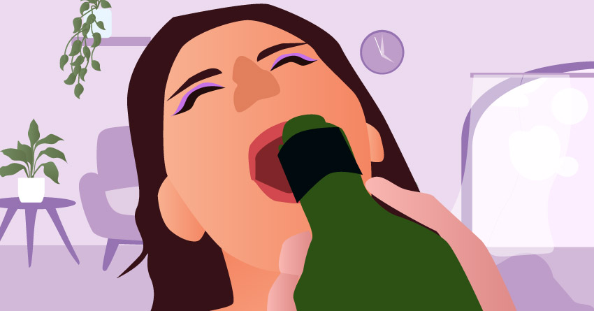 A woman chugging a bottle of wine. 